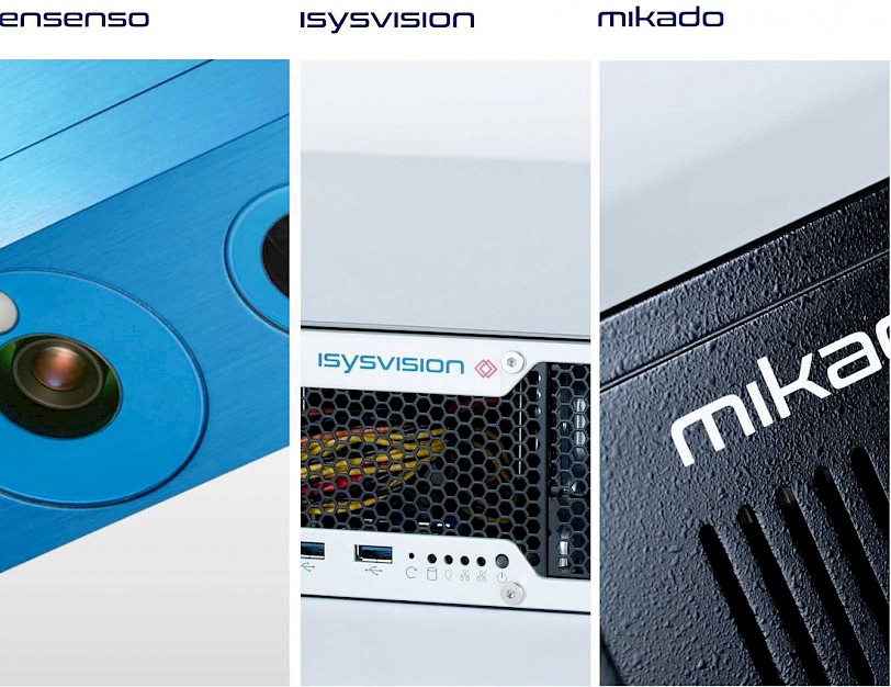 Die drei Marken Ensenso, Isysvision und Mikado mit angeschnittenen Darstellungen ihrer Produkte.