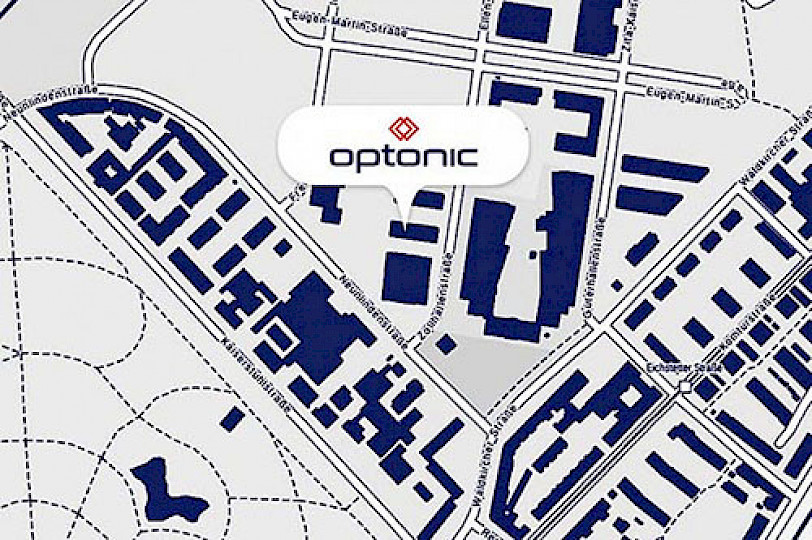 Optonic Firmengebäude markiert auf einer Kartendarstellung.