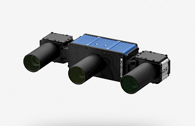 Ensenso X30 3D camera with two cameras and a projector. Cameras are located on a mounted gonio adapter with a vergence angle, aligned to a fixed point.