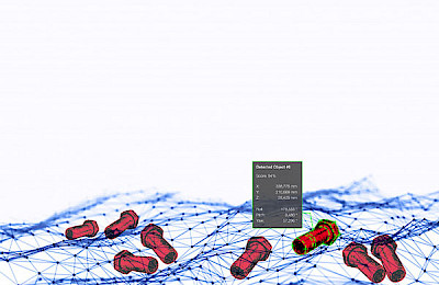 Blue mesh-structured representation of red-colored screws.