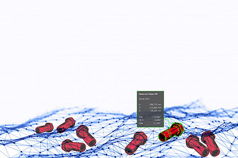 Blue mesh-structured representation of red-colored screws.