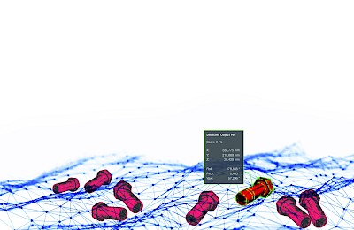 Blaue netzstrukturierte Darstellung von rot gefärbten Schrauben.