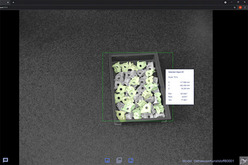 Mikado Find System solution that finds components in a box, which are marked in green.