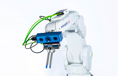 Blue Ensenso N30/35 3D camera on a white seven-axis robot arm