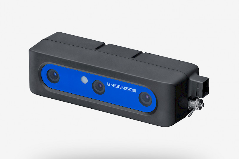 Ensenso N40 | N41 | N45 | N46 3D Kamera mit zwei Kameras und einem Projektor, eingehaust in einem schwarzen pulverbeschichtetem Aluminiumgehäuse, mit blauer Frontscheibe.