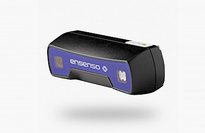Black camera housing with blue front. 3D Ensenso camera model S10.