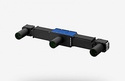Ensenso X36 3D Kamera mit zwei Kameras und einem Projektor. Kameras befinden sich auf einem Extender montierten Gonioadapter mit einem Vergenzwinkel, ausgerichtet auf einen fixen Punkt.