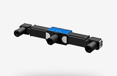 Ensenso XR36 3D camera with two cameras and a projector with white illumination surfaces. The cameras are located on a mounted gonio adapter with a vergence angle that is aligned to a fixed point.