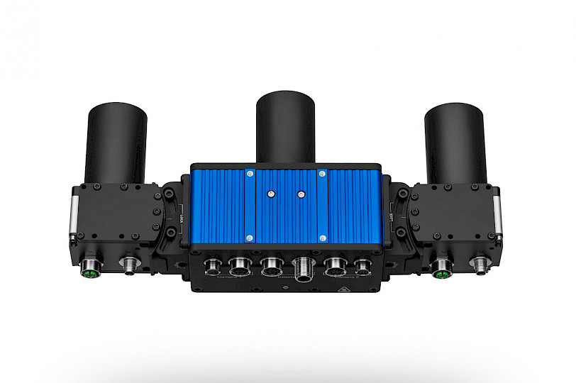 Top view of the Ensenso XR36 3D camera with extender profiles. In the middle, the blue projector module with touch ribs in an aluminum housing and the cameras mounted on the side. Tubes are mounted on the cameras.