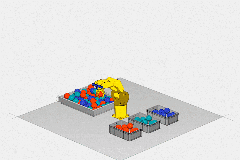 Bin Picking Animation. Gelber, sieben Achs Roboter der drei farbige Bälle in drei Kisten sortiert.