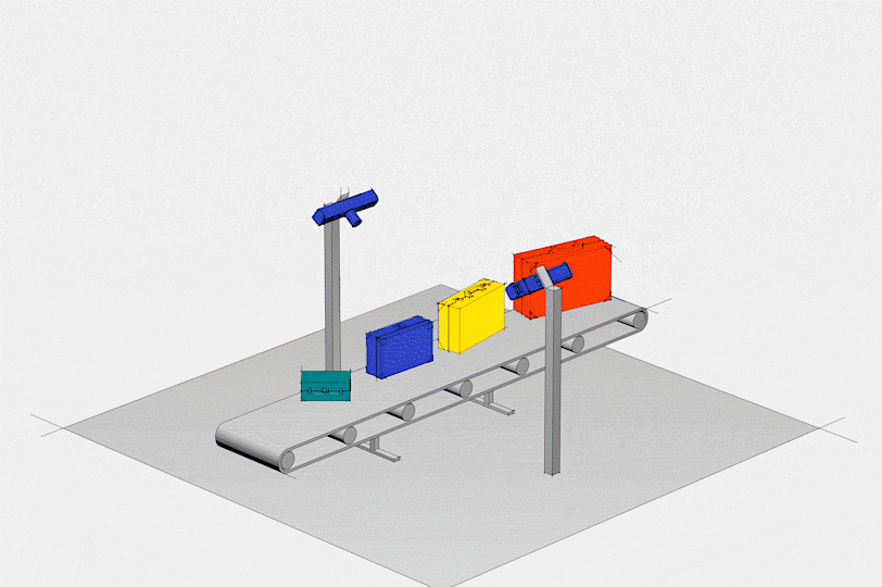Projektions Animation einer Ensenso 3D Kamera die bunte Kisten auf einem Fließband mit einem blauen Licht bestrahlt.