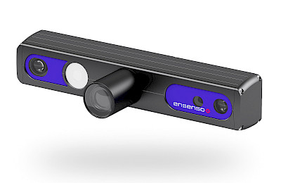 Ensenso 3D camera in a black aluminum profile with a white illumination surface and a projector in the middle, encased in a tube.