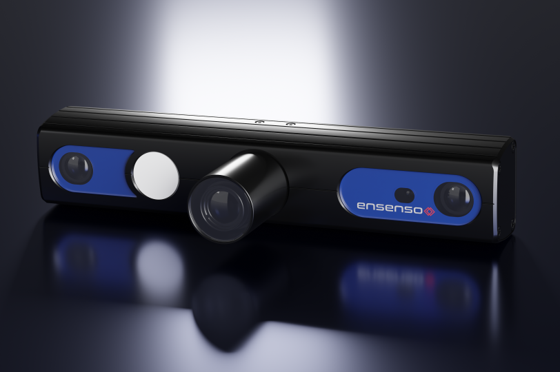 Ensenso 3D camera in a black aluminum profile with a white illumination surface and a projector in the middle, encased in a tube.