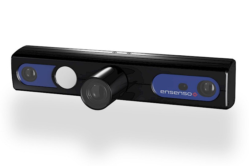 Ensenso 3D camera in a black aluminum profile with a white illumination surface and a projector in the middle, encased in a tube.